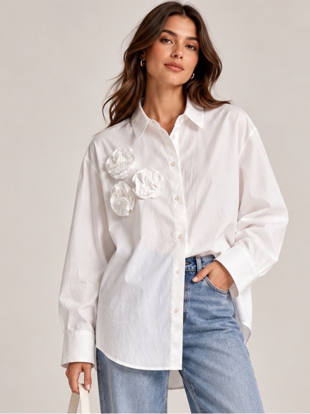 Zara White 3D Floral Appliqué Oversized Shirt XS NWT